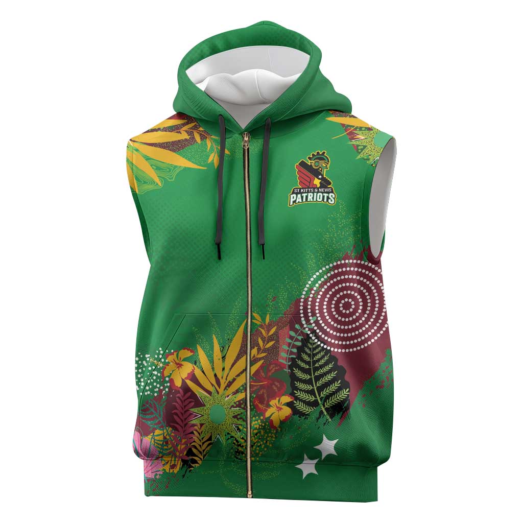 Custom St Kitts and Nevis Cricket Patriots Sleeveless Zip Hoodie Caribbean Tropical Plants Sporty Green - Wonder Print Shop