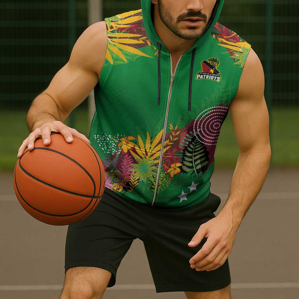 Custom St Kitts and Nevis Cricket Patriots Sleeveless Zip Hoodie Caribbean Tropical Plants Sporty Green - Wonder Print Shop