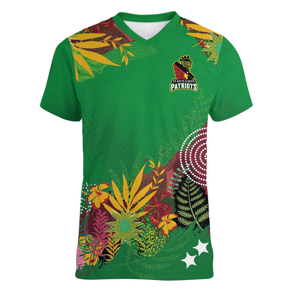 Custom St Kitts and Nevis Cricket Patriots Women V-Neck T-Shirt Caribbean Tropical Plants Sporty Green - Wonder Print Shop