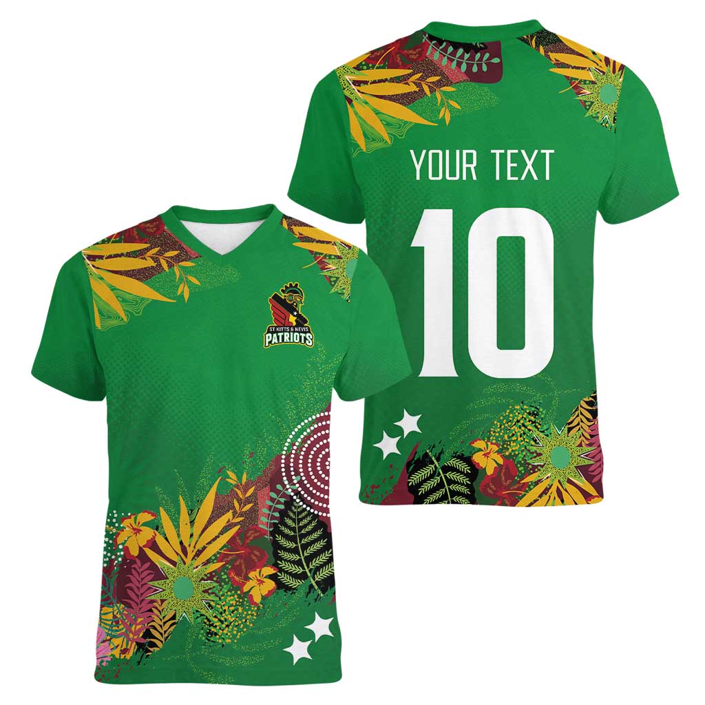 Custom St Kitts and Nevis Cricket Patriots Women V-Neck T-Shirt Caribbean Tropical Plants Sporty Green - Wonder Print Shop