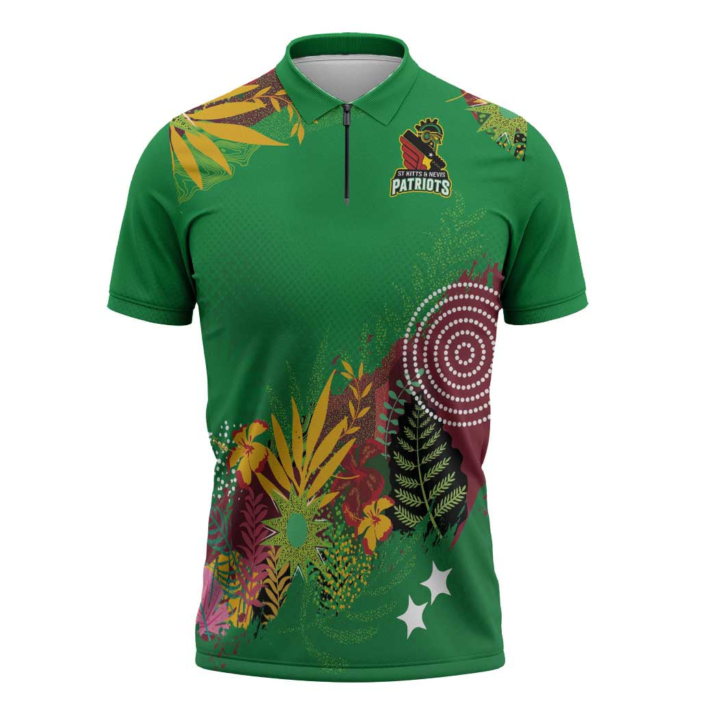Custom St Kitts and Nevis Cricket Patriots Zipper Polo Shirt Caribbean Tropical Plants Sporty Green - Wonder Print Shop