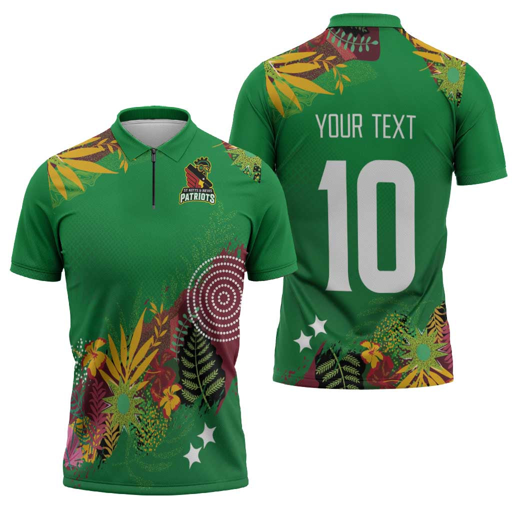 Custom St Kitts and Nevis Cricket Patriots Zipper Polo Shirt Caribbean Tropical Plants Sporty Green - Wonder Print Shop