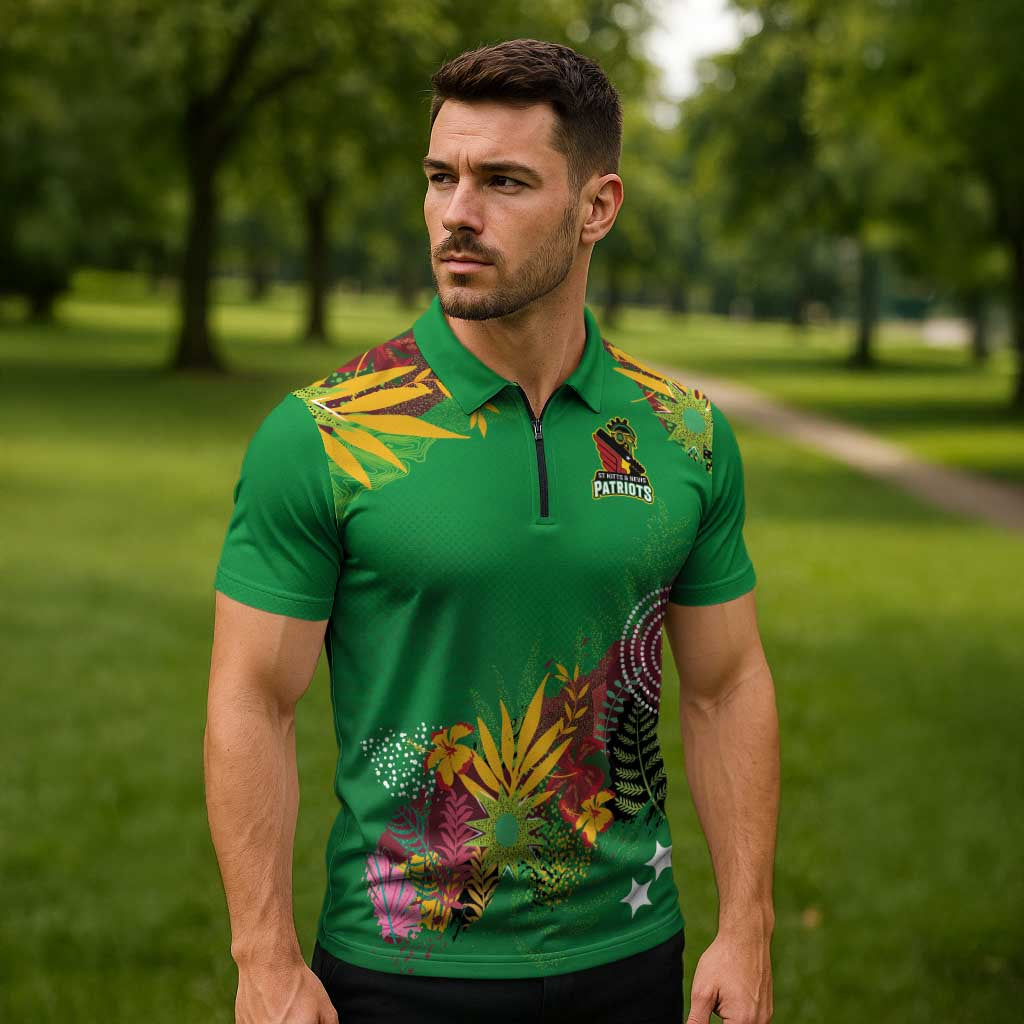 Custom St Kitts and Nevis Cricket Patriots Zipper Polo Shirt Caribbean Tropical Plants Sporty Green - Wonder Print Shop