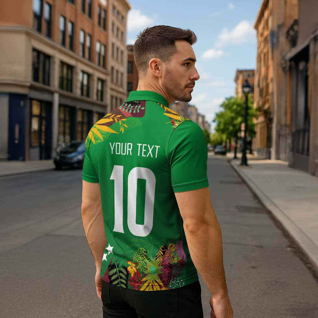 Custom St Kitts and Nevis Cricket Patriots Zipper Polo Shirt Caribbean Tropical Plants Sporty Green - Wonder Print Shop