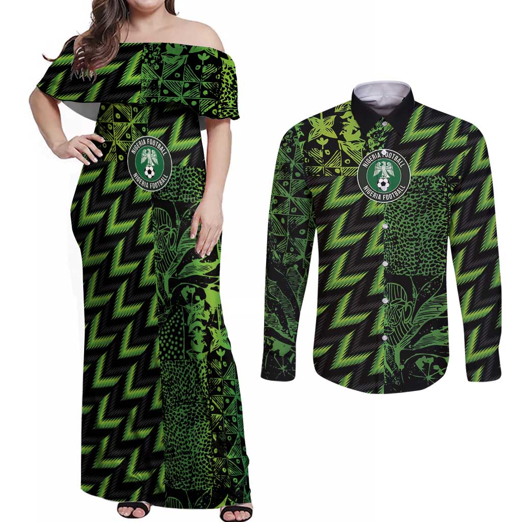 Custom Nigeria Football Couples Matching Off Shoulder Maxi Dress and Long Sleeve Button Shirt Super Eagles Champions - Wonder Print Shop
