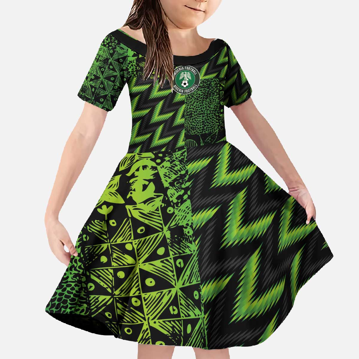 Custom Nigeria Football Family Matching Off The Shoulder Long Sleeve Dress and Hawaiian Shirt Super Eagles Champions - Wonder Print Shop