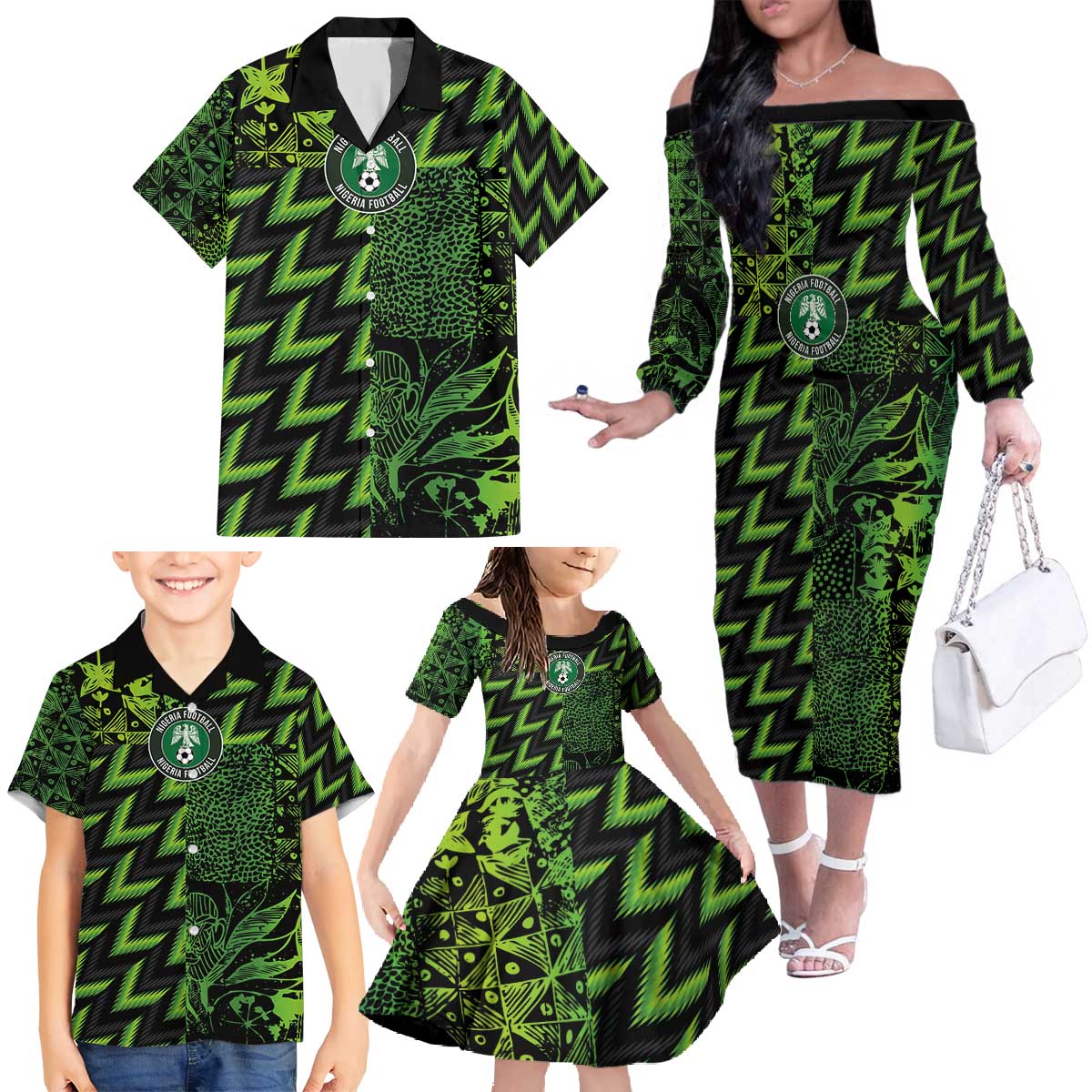 Custom Nigeria Football Family Matching Off The Shoulder Long Sleeve Dress and Hawaiian Shirt Super Eagles Champions - Wonder Print Shop