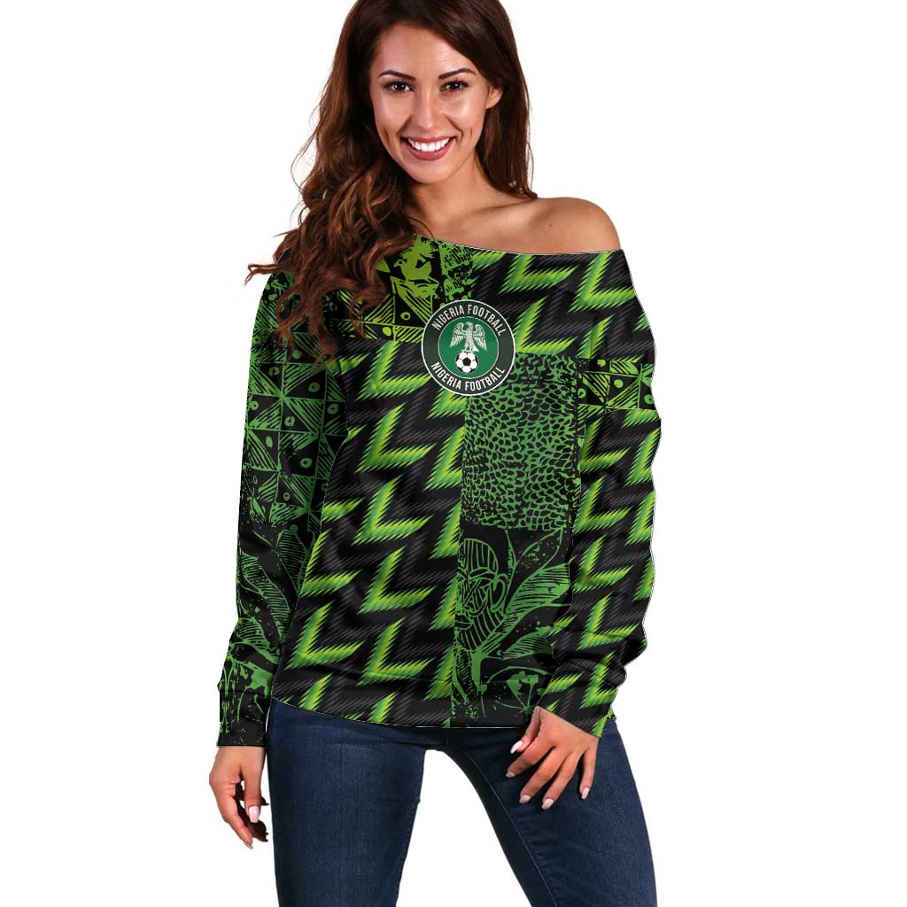 Custom Nigeria Football Off Shoulder Sweater Super Eagles Champions - Wonder Print Shop