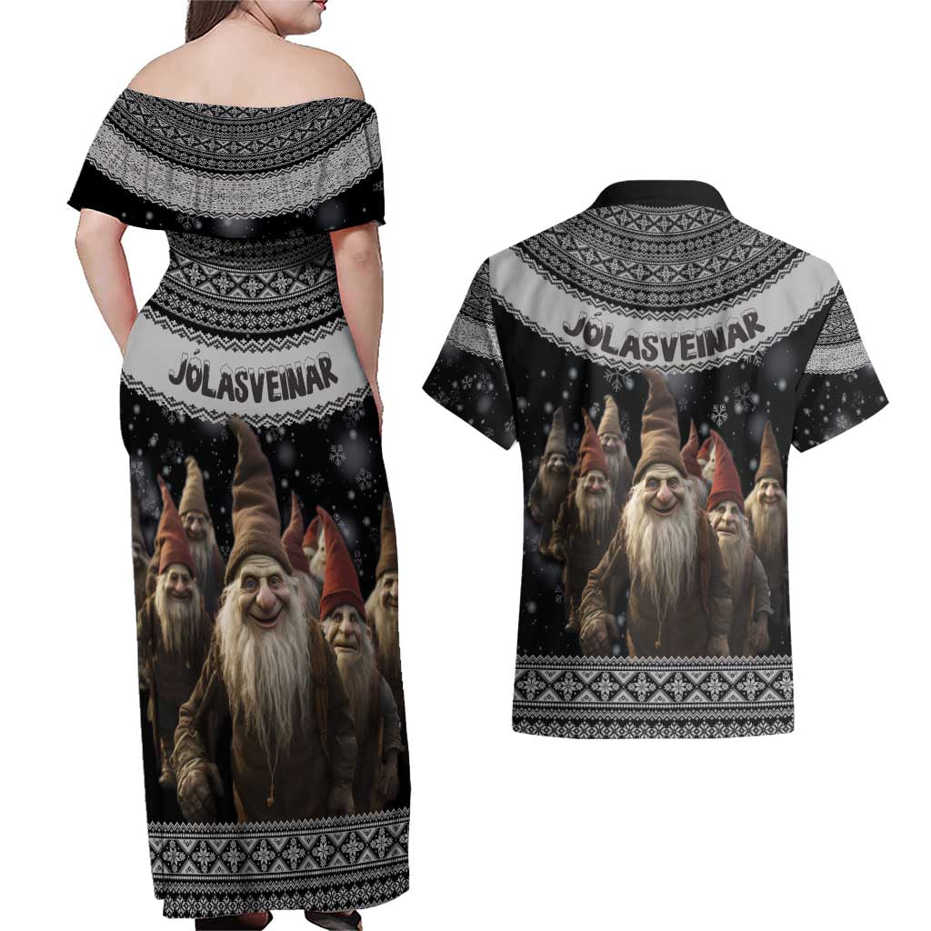13 Yule Lads Iceland Christmas Couples Matching Off Shoulder Maxi Dress and Hawaiian Shirt Jolasveinar and Nordic Traditional Pattern - Wonder Print Shop