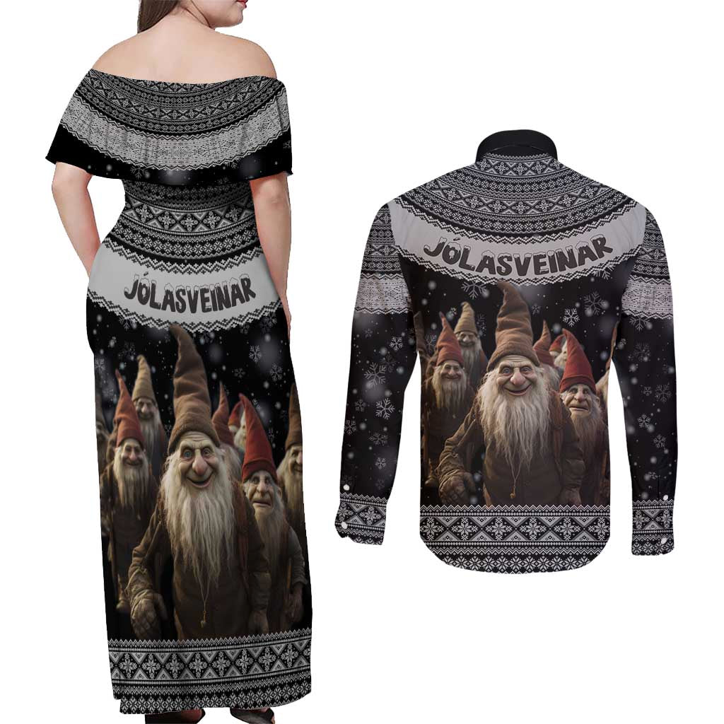 13 Yule Lads Iceland Christmas Couples Matching Off Shoulder Maxi Dress and Long Sleeve Button Shirt Jolasveinar and Nordic Traditional Pattern - Wonder Print Shop