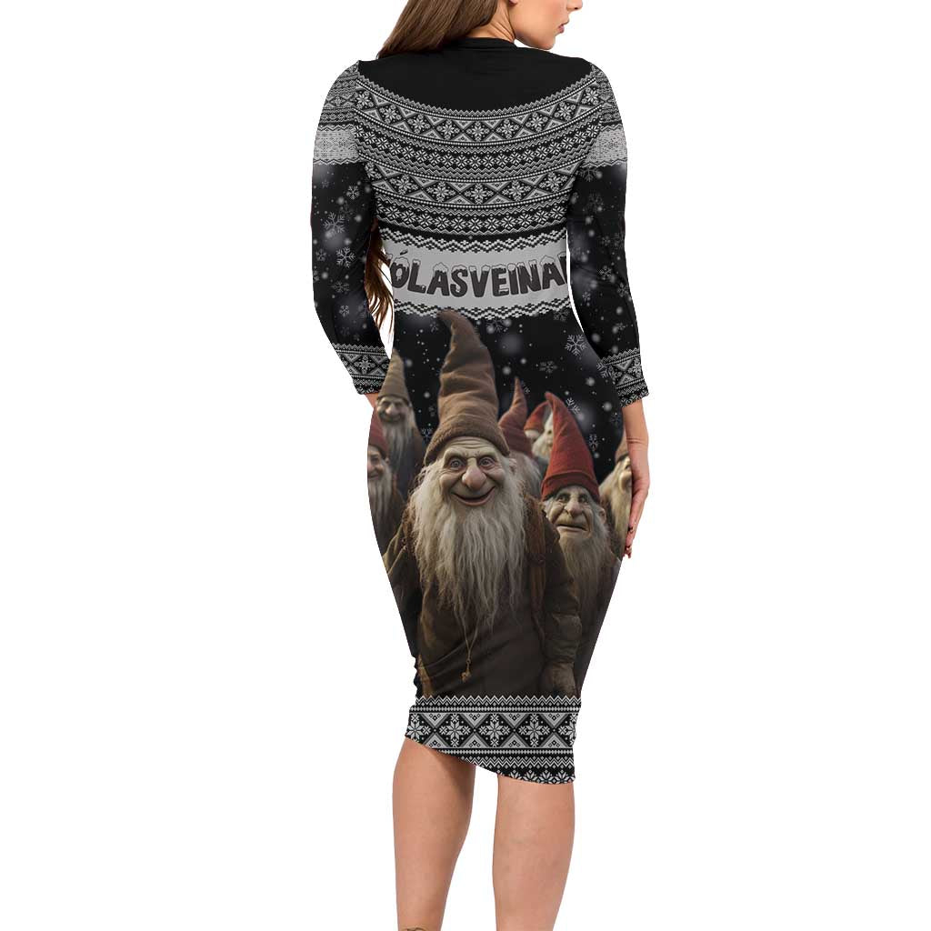 13 Yule Lads Iceland Christmas Long Sleeve Bodycon Dress Jolasveinar and Nordic Traditional Pattern - Wonder Print Shop