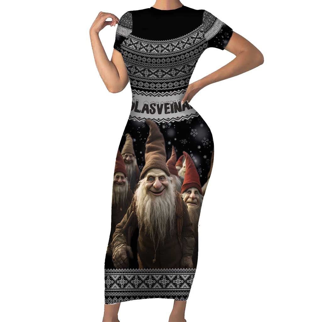 13 Yule Lads Iceland Christmas Short Sleeve Bodycon Dress Jolasveinar and Nordic Traditional Pattern - Wonder Print Shop