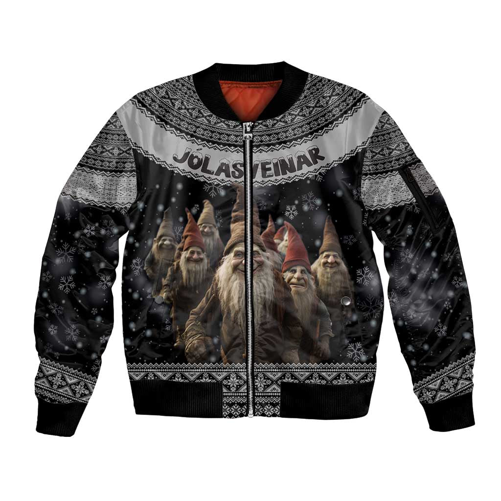 13 Yule Lads Iceland Christmas Sleeve Zip Bomber Jacket Jolasveinar and Nordic Traditional Pattern - Wonder Print Shop