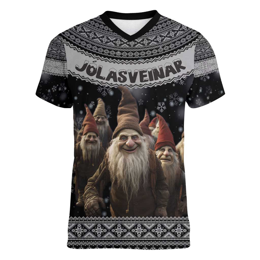 13 Yule Lads Iceland Christmas Women V-Neck T-Shirt Jolasveinar and Nordic Traditional Pattern - Wonder Print Shop