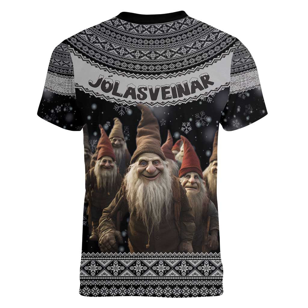 13 Yule Lads Iceland Christmas Women V-Neck T-Shirt Jolasveinar and Nordic Traditional Pattern - Wonder Print Shop