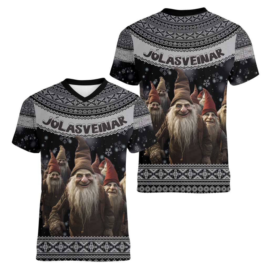 13 Yule Lads Iceland Christmas Women V-Neck T-Shirt Jolasveinar and Nordic Traditional Pattern - Wonder Print Shop