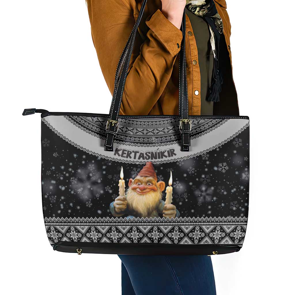 Iceland Kertasnikir Christmas Leather Tote Bag Candle Beggar and Nordic Traditional Pattern - Wonder Print Shop