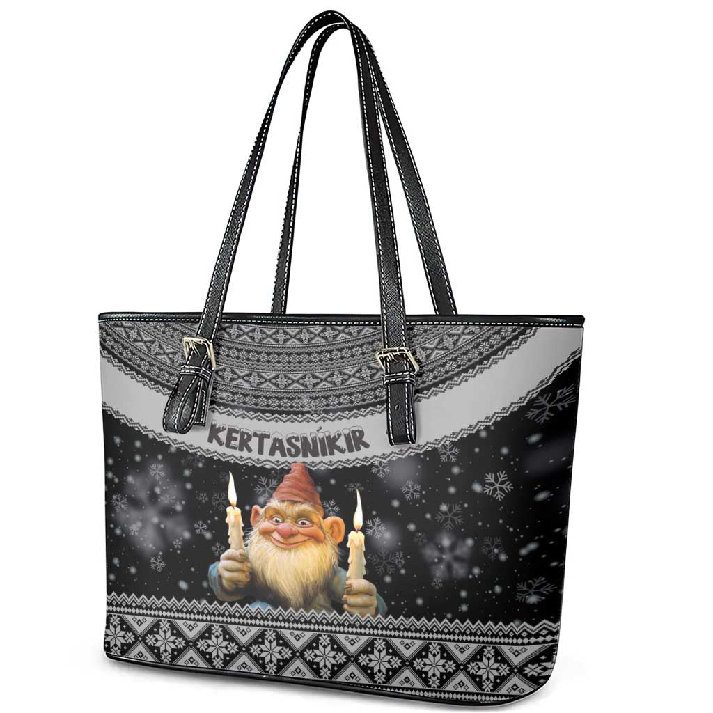 Iceland Kertasnikir Christmas Leather Tote Bag Candle Beggar and Nordic Traditional Pattern - Wonder Print Shop