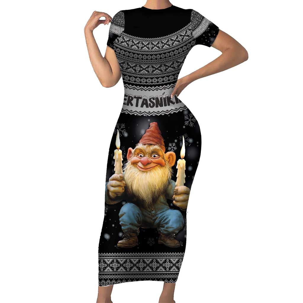 Iceland Kertasnikir Christmas Short Sleeve Bodycon Dress Candle Beggar and Nordic Traditional Pattern - Wonder Print Shop