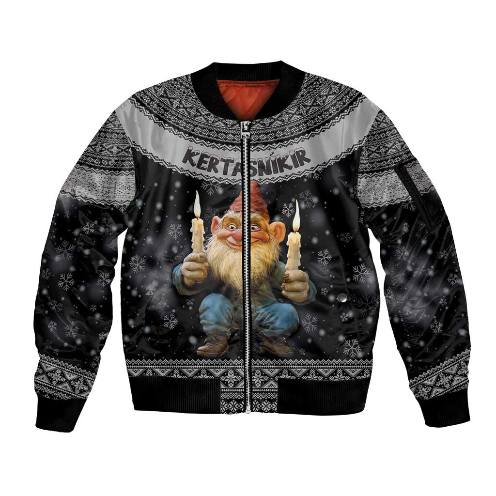 Iceland Kertasnikir Christmas Sleeve Zip Bomber Jacket Candle Beggar and Nordic Traditional Pattern - Wonder Print Shop