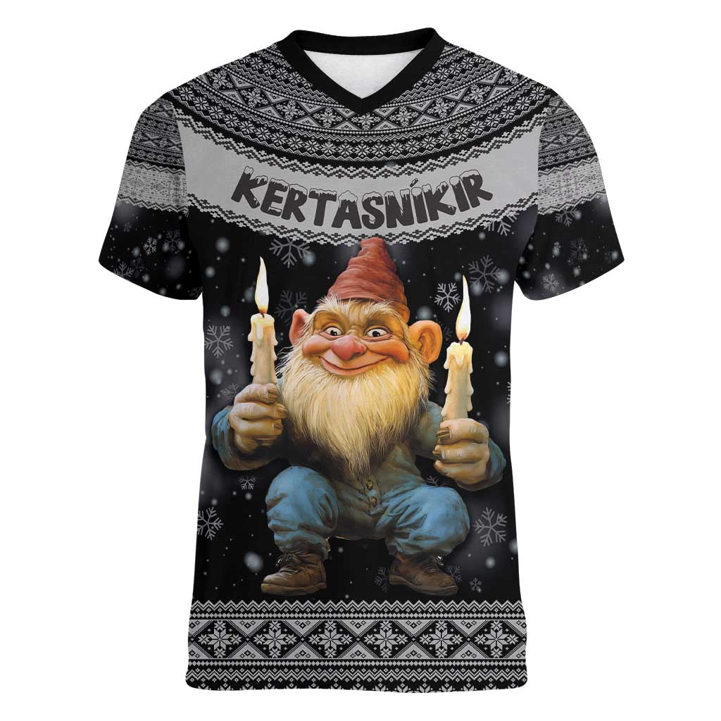 Iceland Kertasnikir Christmas Women V-Neck T-Shirt Candle Beggar and Nordic Traditional Pattern - Wonder Print Shop