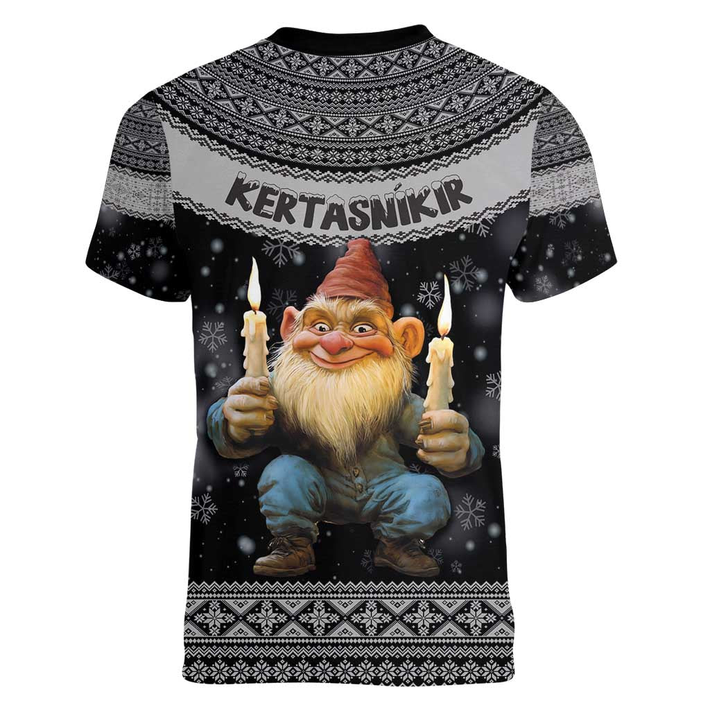 Iceland Kertasnikir Christmas Women V-Neck T-Shirt Candle Beggar and Nordic Traditional Pattern - Wonder Print Shop