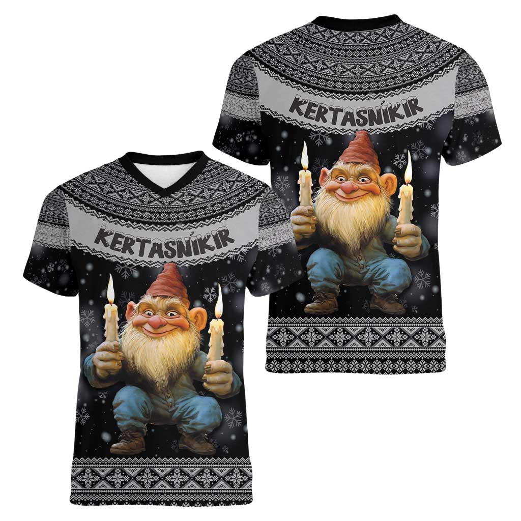 Iceland Kertasnikir Christmas Women V-Neck T-Shirt Candle Beggar and Nordic Traditional Pattern - Wonder Print Shop