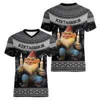 Iceland Kertasnikir Christmas Women V-Neck T-Shirt Candle Beggar and Nordic Traditional Pattern - Wonder Print Shop