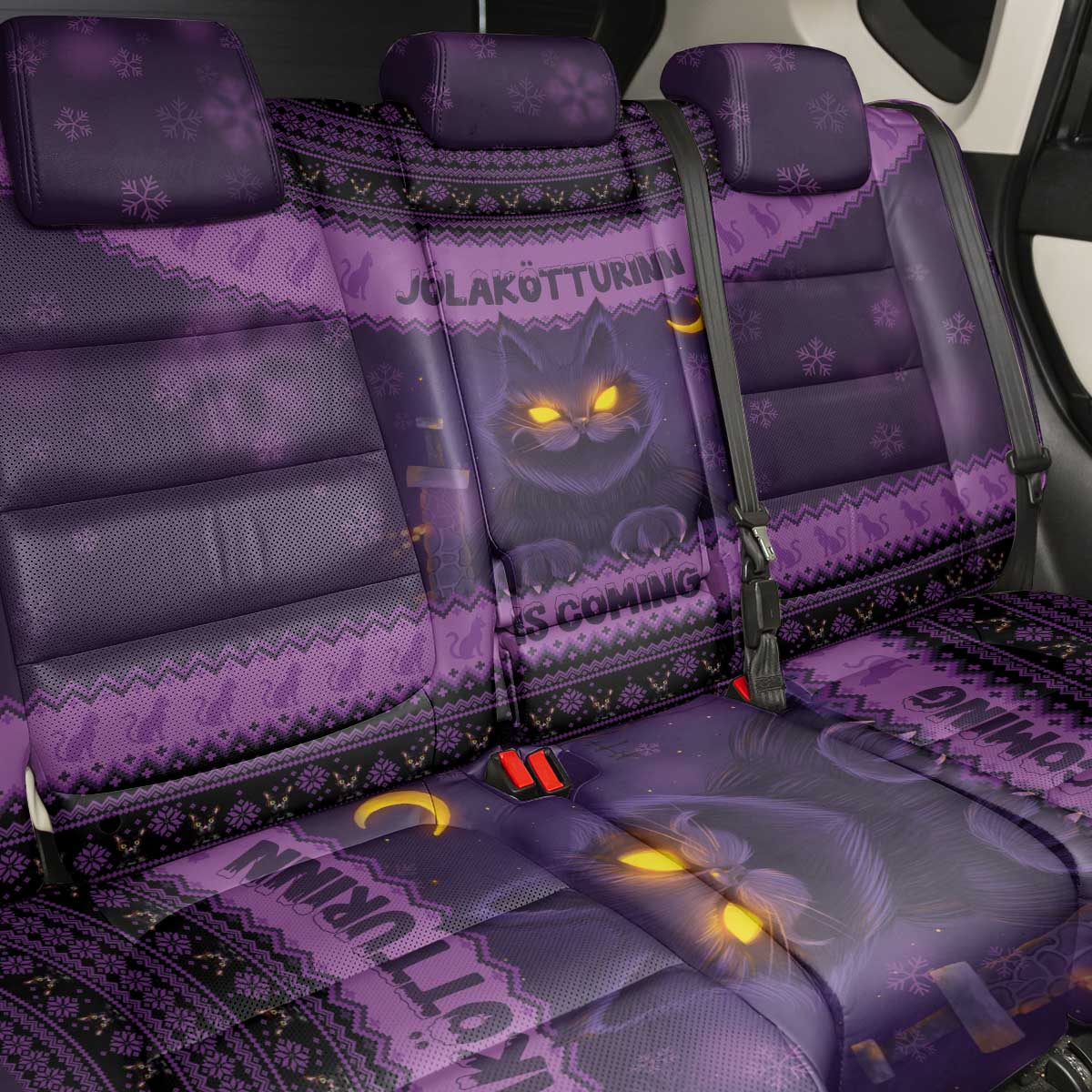 Iceland Jolakotturinn Christmas Back Car Seat Cover Yule Cat and Nordic Traditional Pattern - Wonder Print Shop