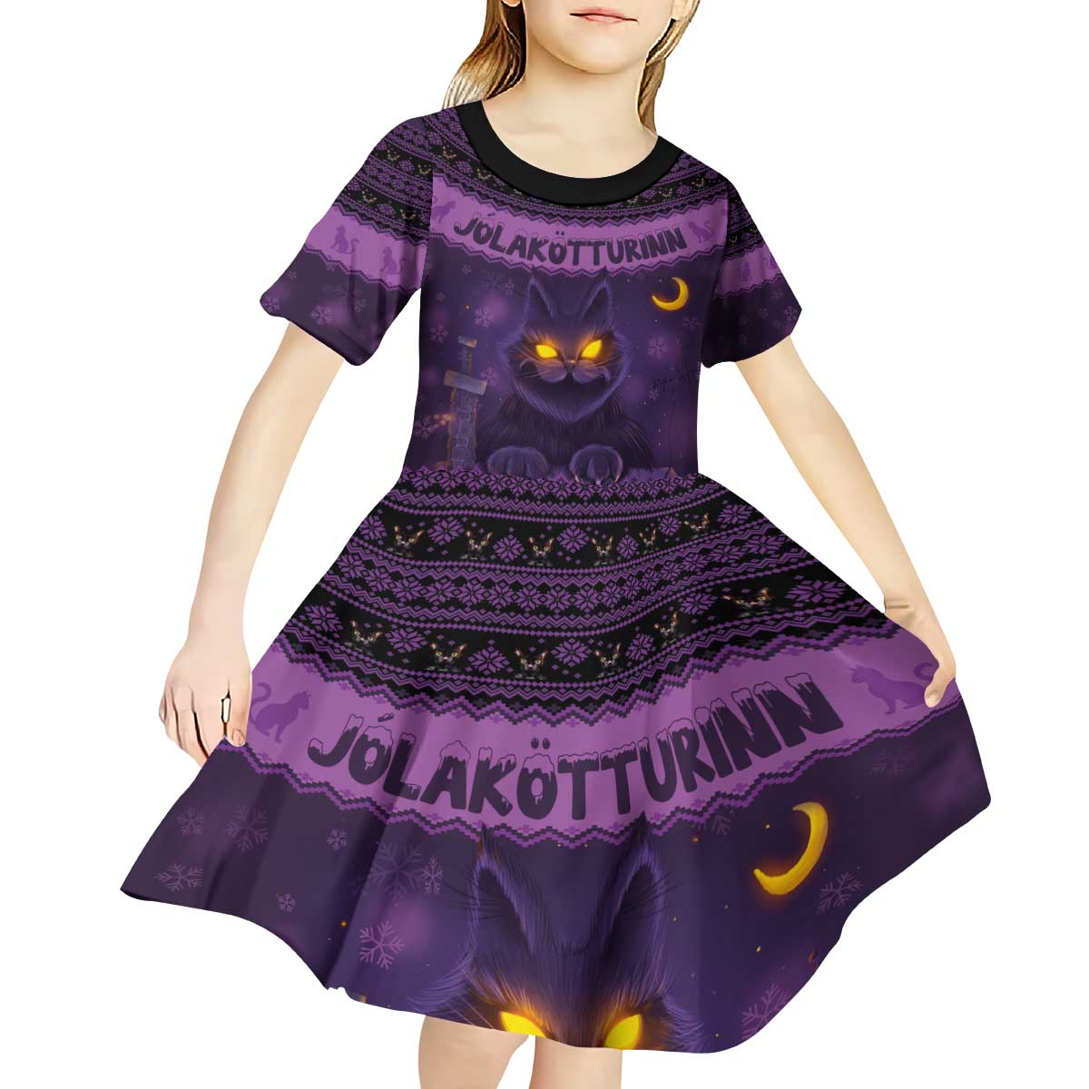 Iceland Jolakotturinn Christmas Kid Short Sleeve Dress Yule Cat and Nordic Traditional Pattern - Wonder Print Shop