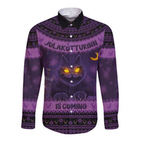 Iceland Jolakotturinn Christmas Long Sleeve Button Shirt Yule Cat and Nordic Traditional Pattern - Wonder Print Shop