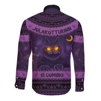 Iceland Jolakotturinn Christmas Long Sleeve Button Shirt Yule Cat and Nordic Traditional Pattern - Wonder Print Shop