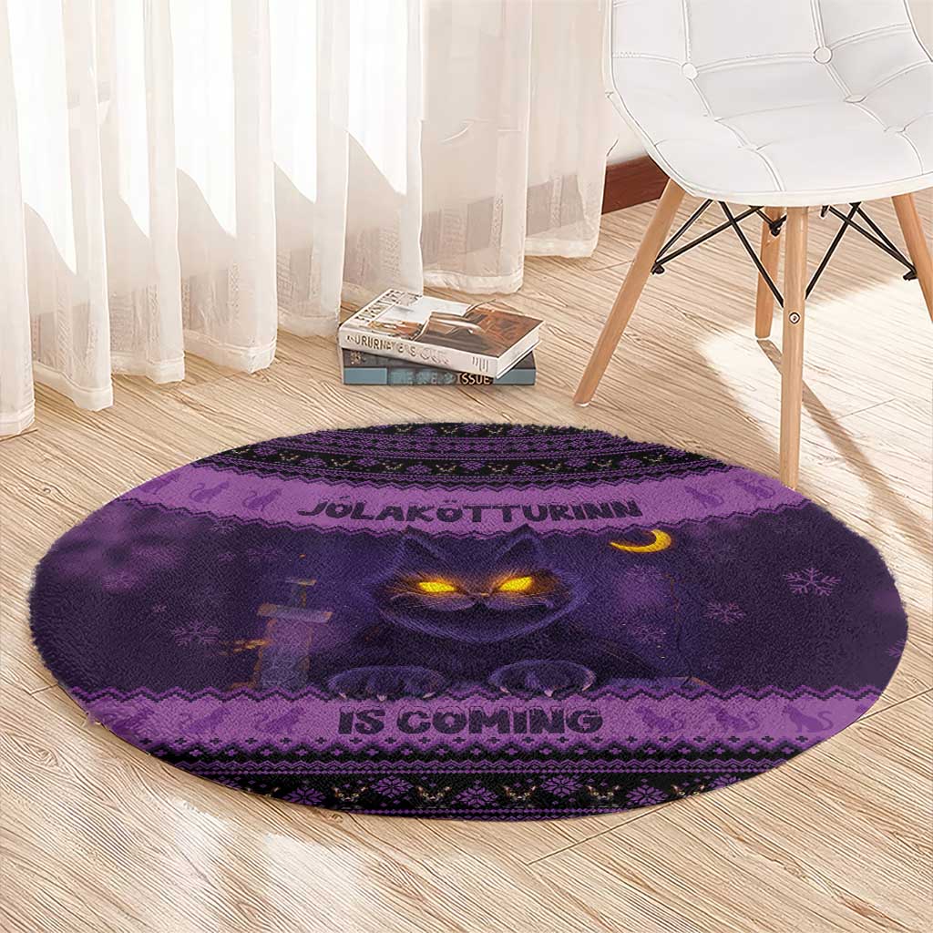 Iceland Jolakotturinn Christmas Round Carpet Yule Cat and Nordic Traditional Pattern