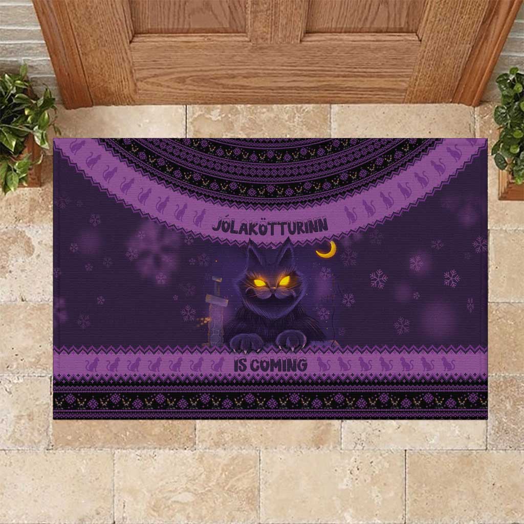 Iceland Jolakotturinn Christmas Rubber Doormat Yule Cat and Nordic Traditional Pattern - Wonder Print Shop