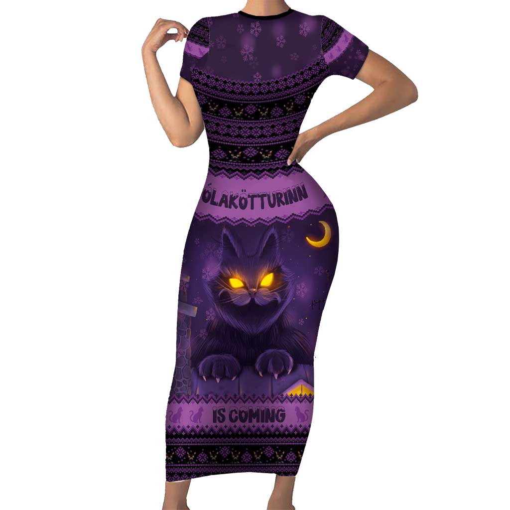 Iceland Jolakotturinn Christmas Short Sleeve Bodycon Dress Yule Cat and Nordic Traditional Pattern - Wonder Print Shop