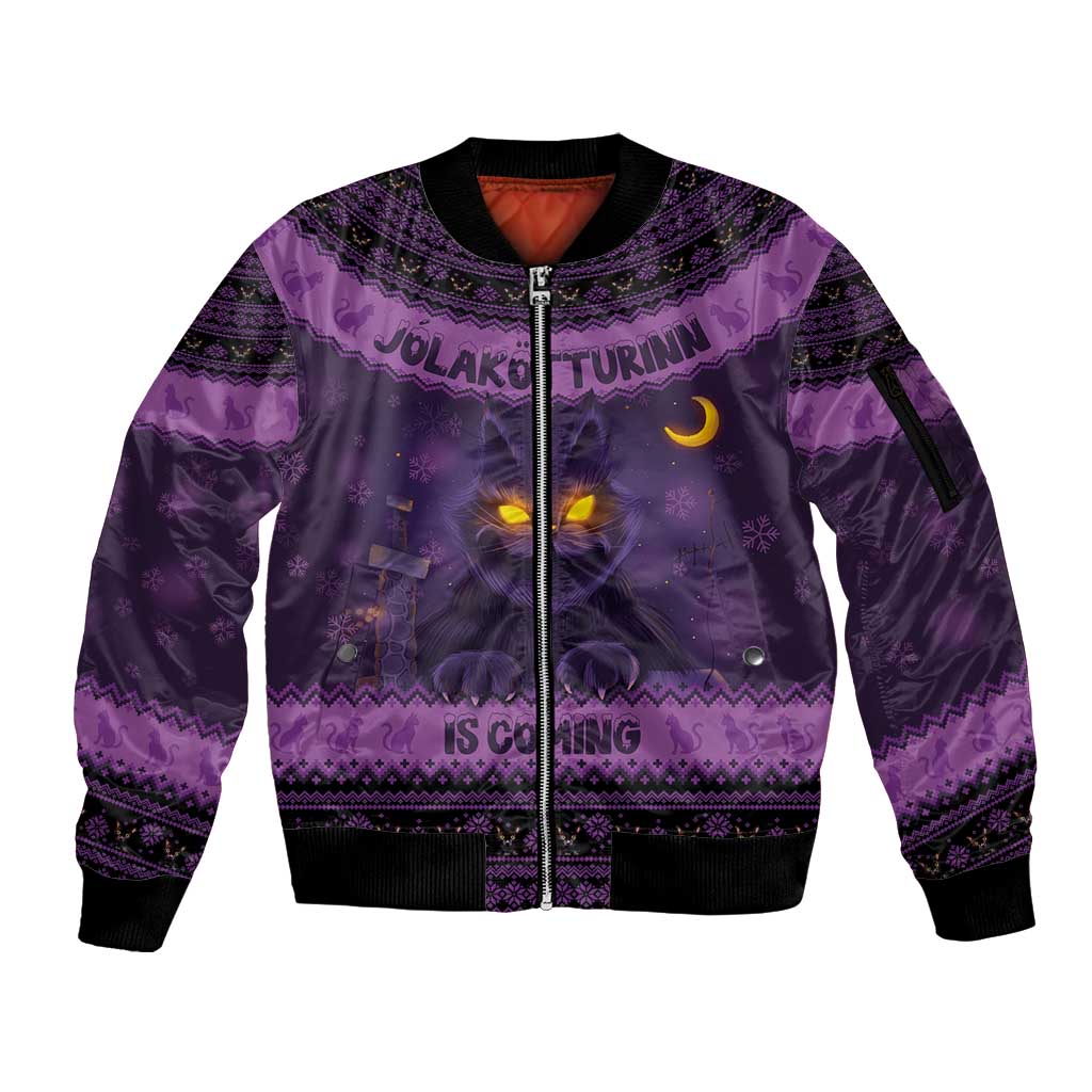 Iceland Jolakotturinn Christmas Sleeve Zip Bomber Jacket Yule Cat and Nordic Traditional Pattern - Wonder Print Shop