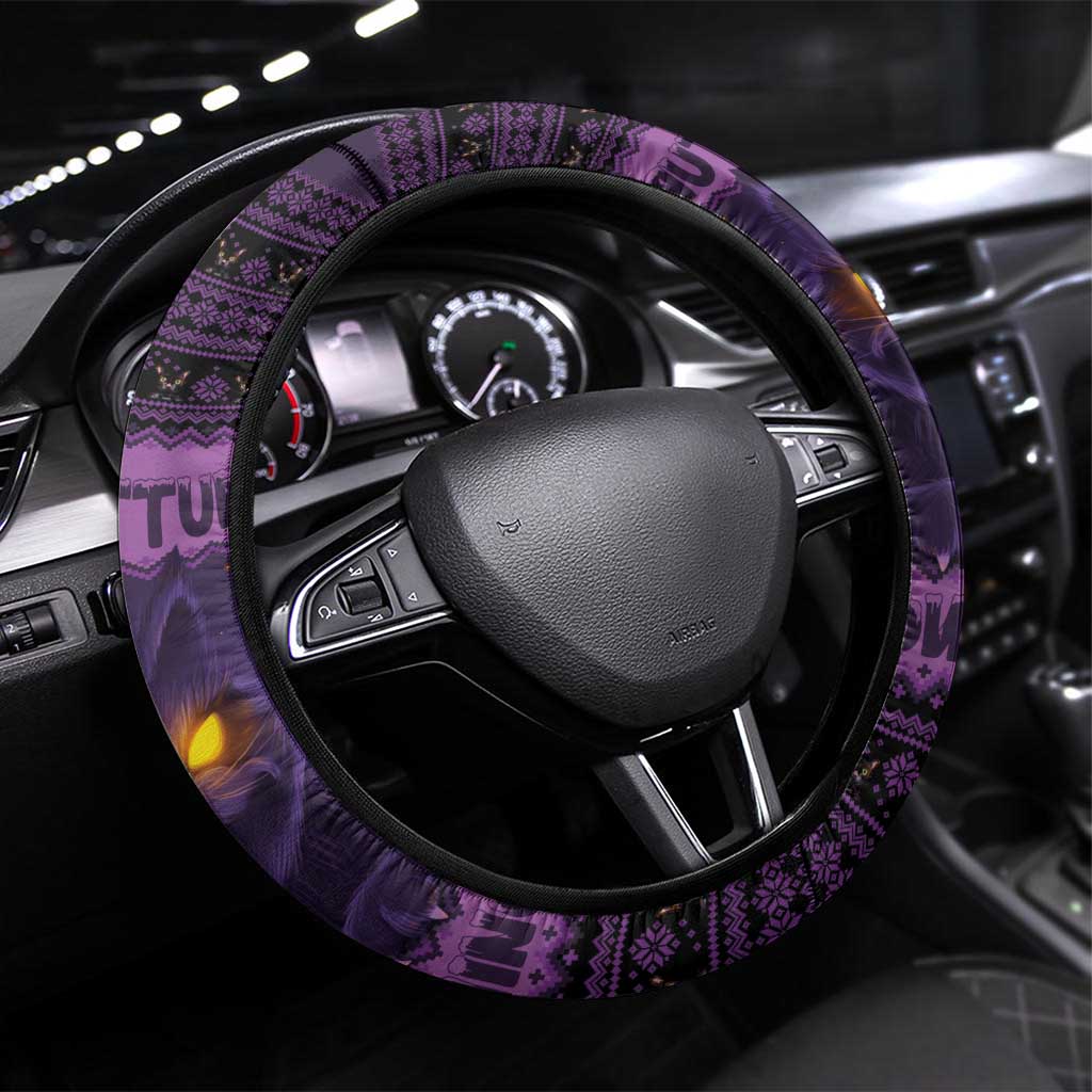 Iceland Jolakotturinn Christmas Steering Wheel Cover Yule Cat and Nordic Traditional Pattern - Wonder Print Shop