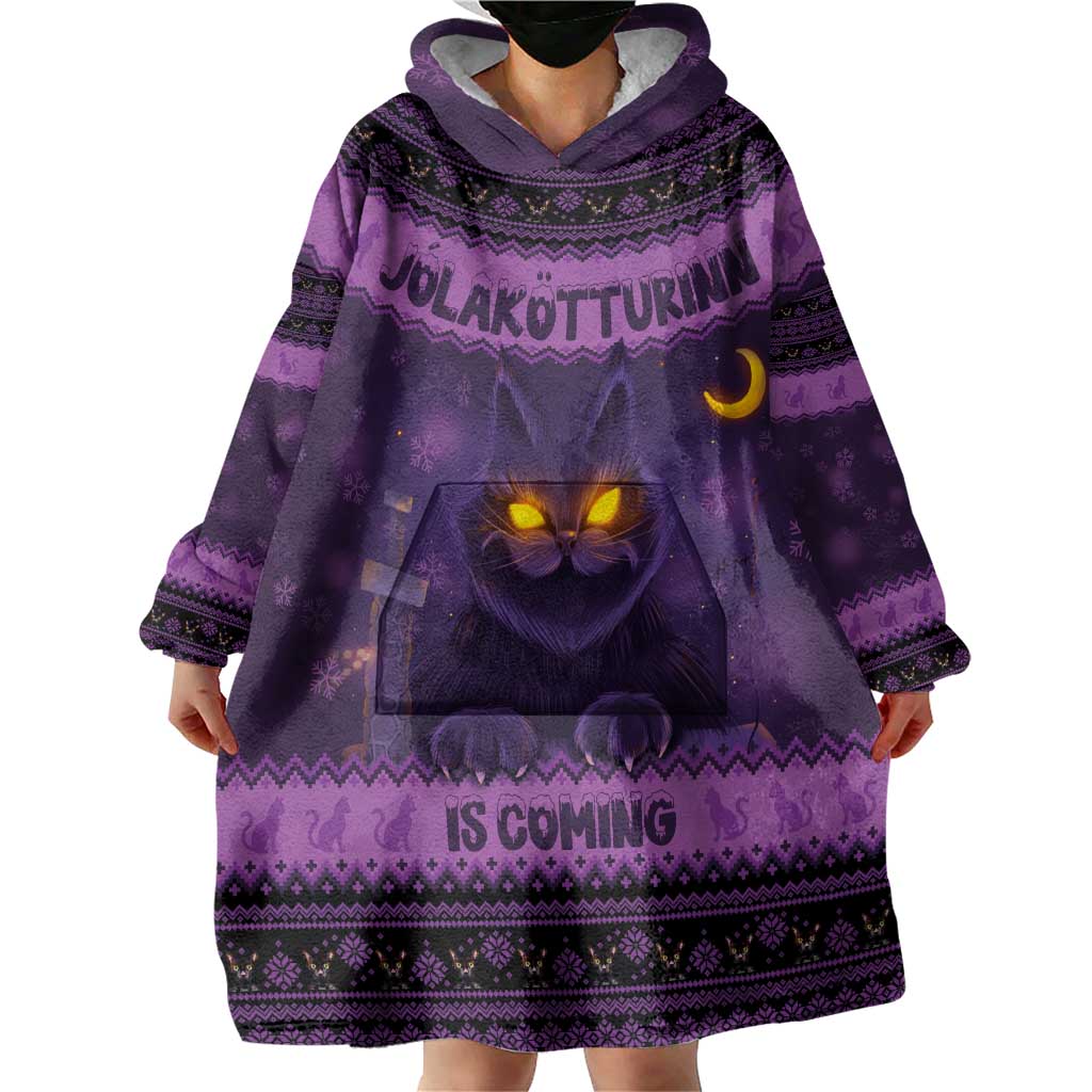 Iceland Jolakotturinn Christmas Wearable Blanket Hoodie Yule Cat and Nordic Traditional Pattern - Wonder Print Shop