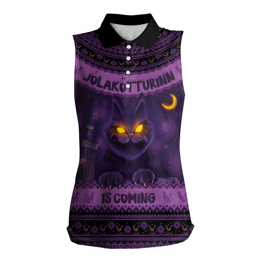 Iceland Jolakotturinn Christmas Women Sleeveless Polo Shirt Yule Cat and Nordic Traditional Pattern - Wonder Print Shop