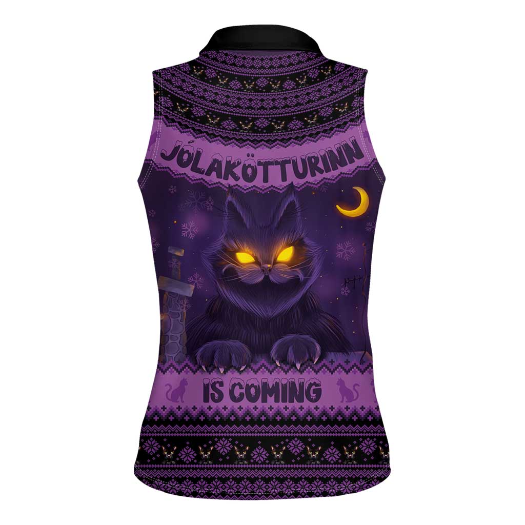 Iceland Jolakotturinn Christmas Women Sleeveless Polo Shirt Yule Cat and Nordic Traditional Pattern - Wonder Print Shop