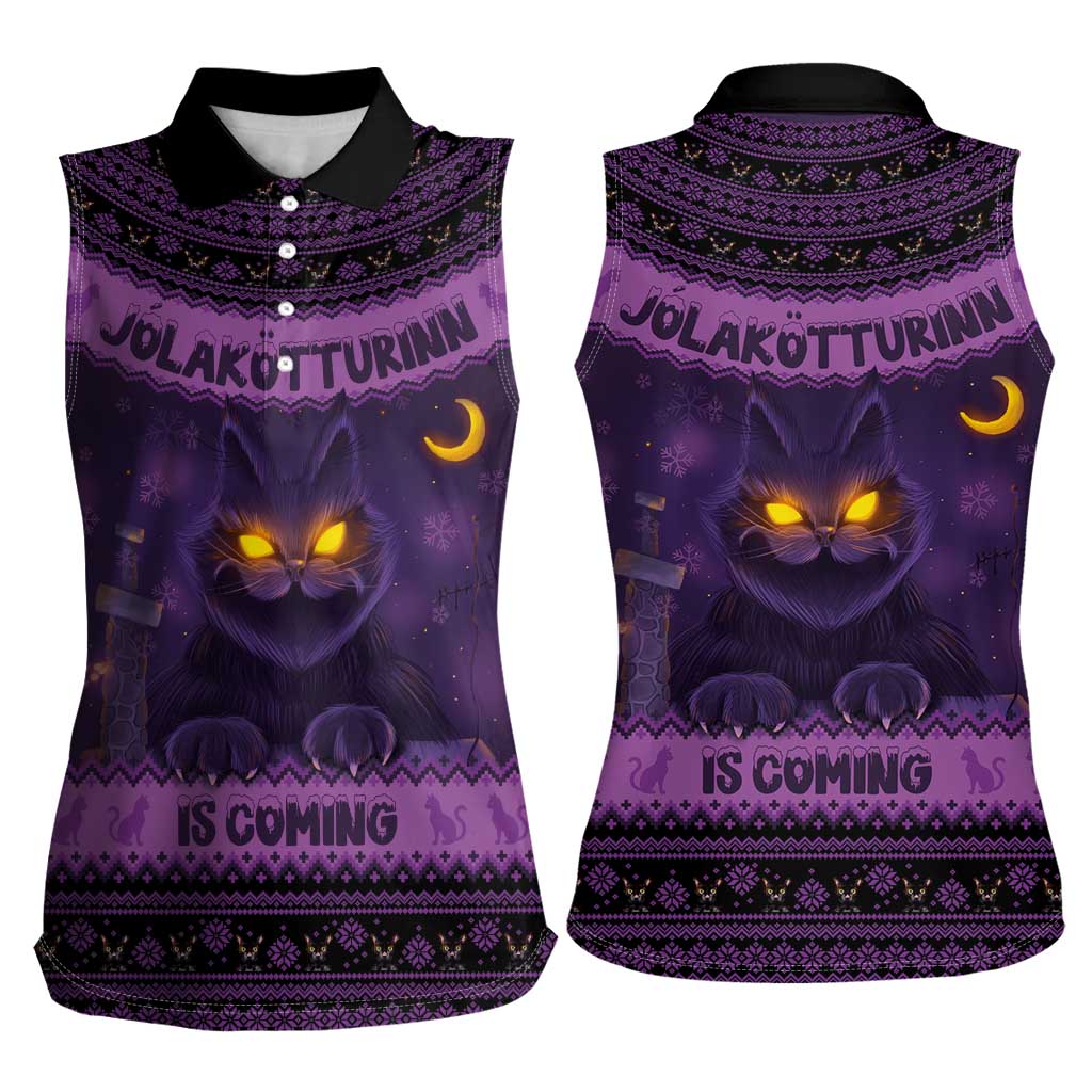 Iceland Jolakotturinn Christmas Women Sleeveless Polo Shirt Yule Cat and Nordic Traditional Pattern - Wonder Print Shop