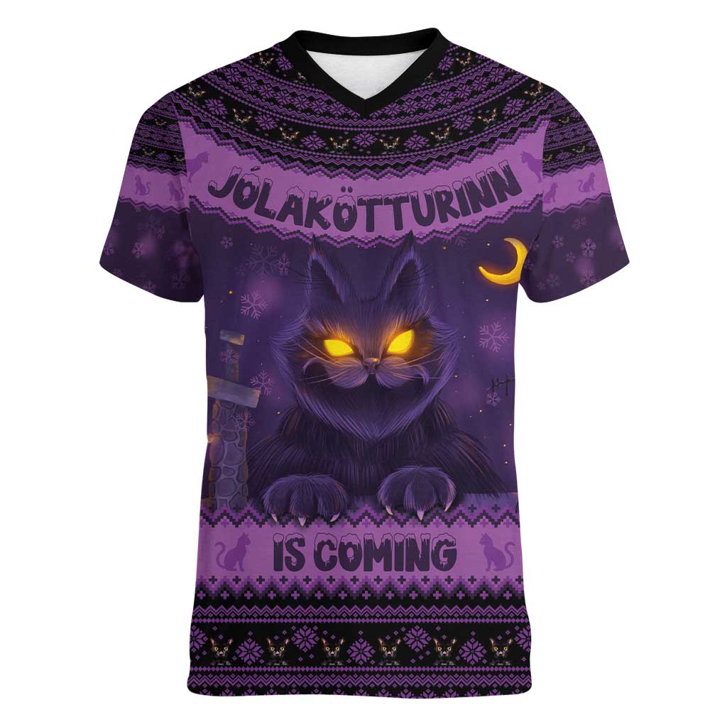 Iceland Jolakotturinn Christmas Women V-Neck T-Shirt Yule Cat and Nordic Traditional Pattern - Wonder Print Shop