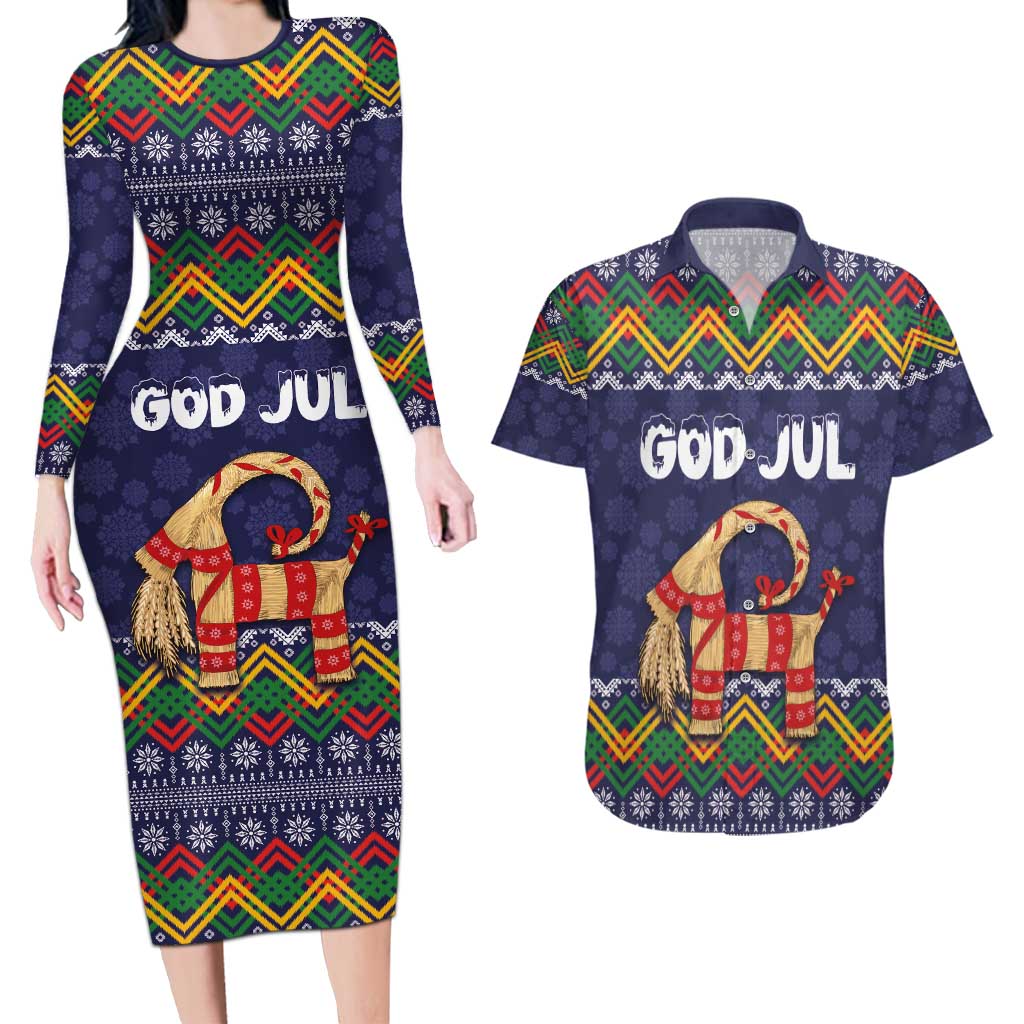 Scandinavian Yule Goat Christmas Couples Matching Long Sleeve Bodycon Dress and Hawaiian Shirt with Scandinavian Folk Pattern Style - Wonder Print Shop