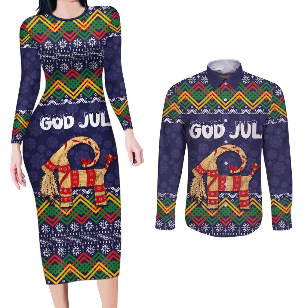 Scandinavian Yule Goat Christmas Couples Matching Long Sleeve Bodycon Dress and Long Sleeve Button Shirt with Scandinavian Folk Pattern Style - Wonder Print Shop
