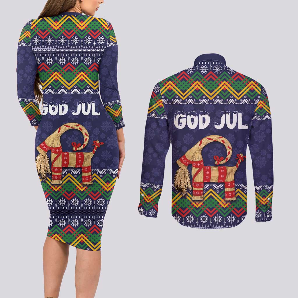 Scandinavian Yule Goat Christmas Couples Matching Long Sleeve Bodycon Dress and Long Sleeve Button Shirt with Scandinavian Folk Pattern Style - Wonder Print Shop