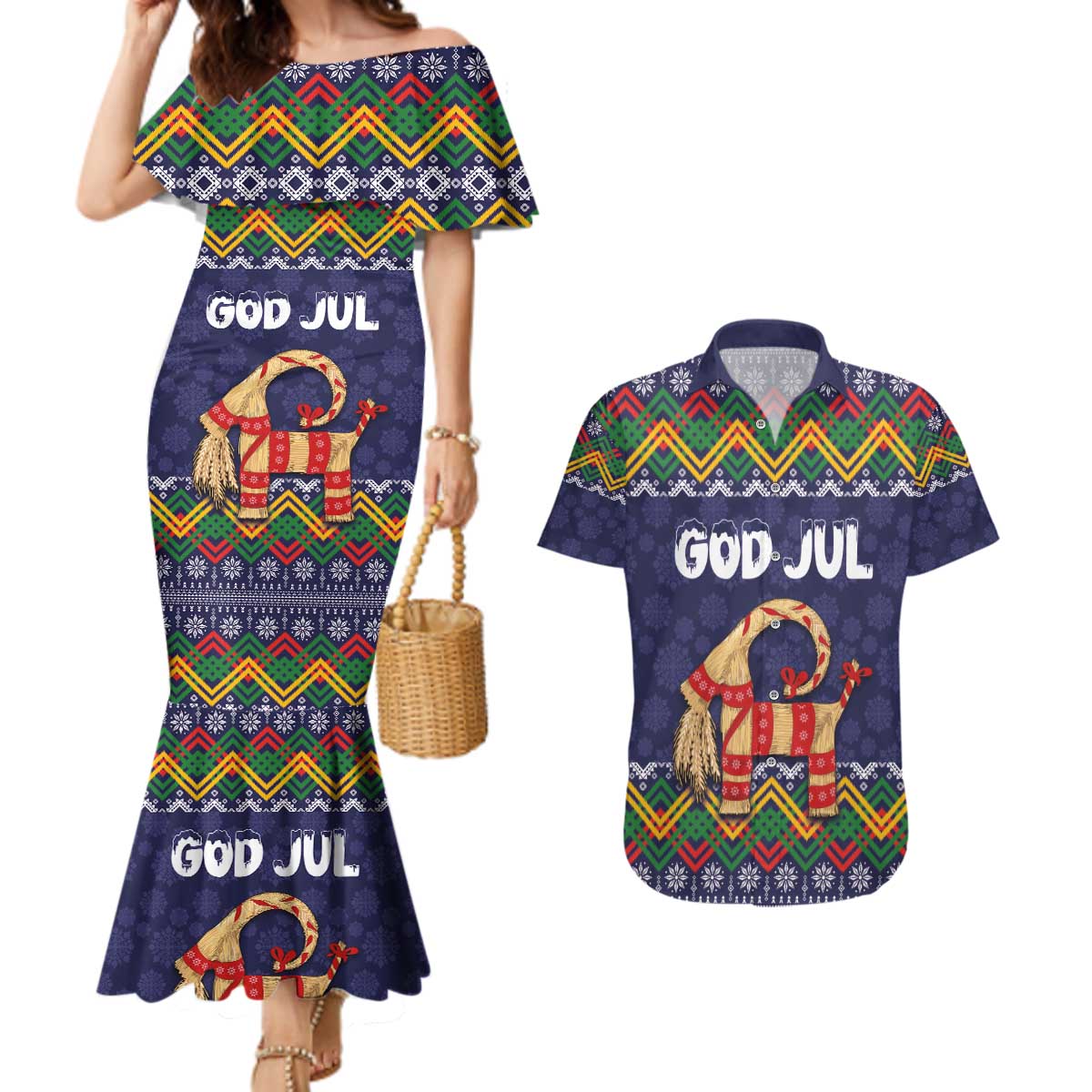 Scandinavian Yule Goat Christmas Couples Matching Mermaid Dress and Hawaiian Shirt with Scandinavian Folk Pattern Style - Wonder Print Shop