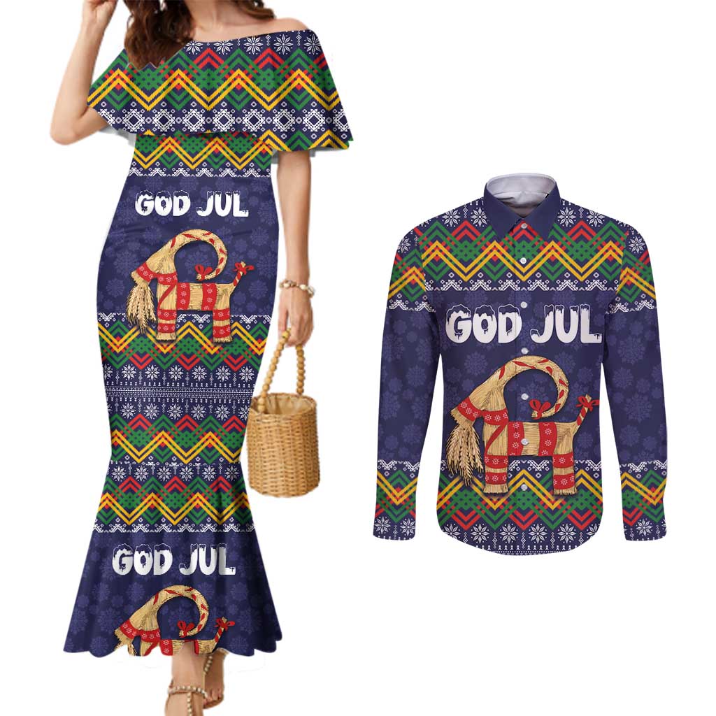 Scandinavian Yule Goat Christmas Couples Matching Mermaid Dress and Long Sleeve Button Shirt with Scandinavian Folk Pattern Style