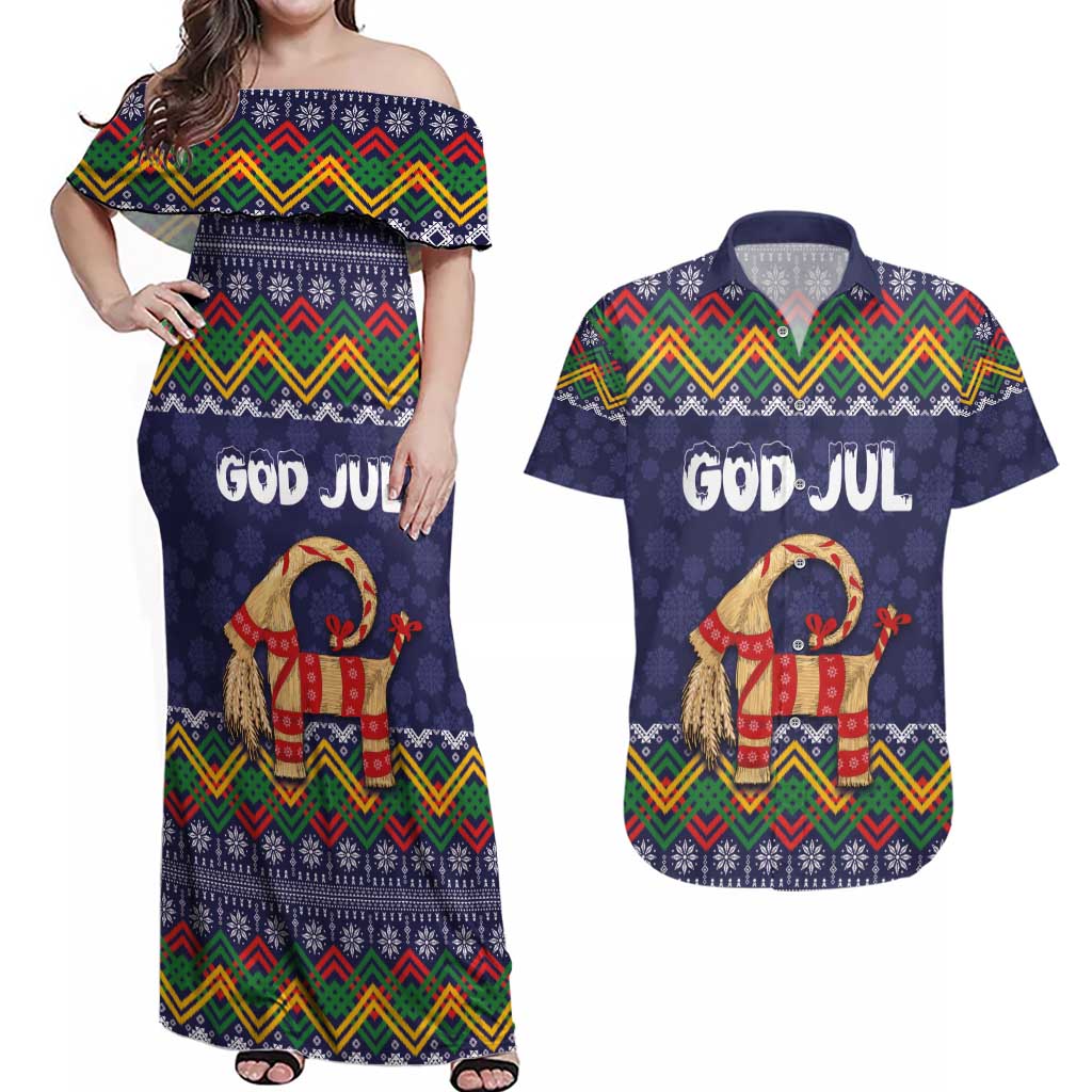 Scandinavian Yule Goat Christmas Couples Matching Off Shoulder Maxi Dress and Hawaiian Shirt with Scandinavian Folk Pattern Style - Wonder Print Shop