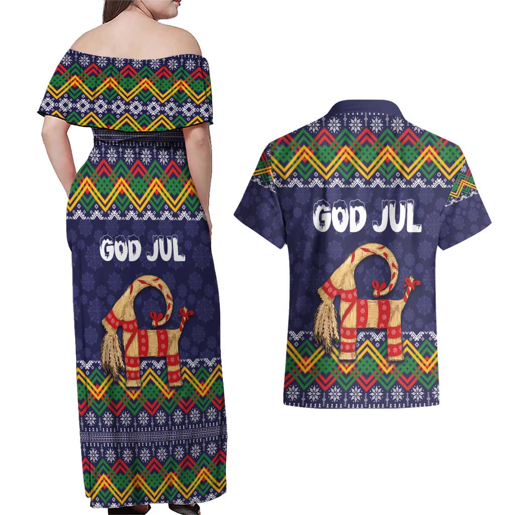 Scandinavian Yule Goat Christmas Couples Matching Off Shoulder Maxi Dress and Hawaiian Shirt with Scandinavian Folk Pattern Style - Wonder Print Shop