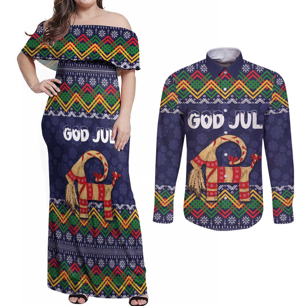 Scandinavian Yule Goat Christmas Couples Matching Off Shoulder Maxi Dress and Long Sleeve Button Shirt with Scandinavian Folk Pattern Style - Wonder Print Shop